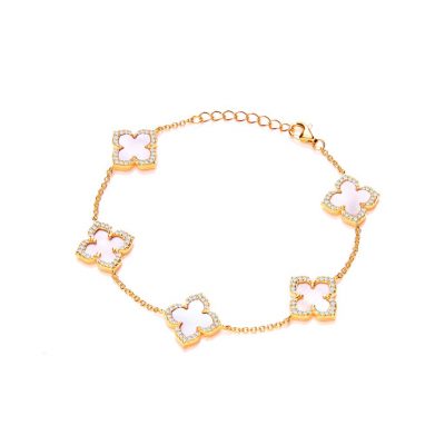 Gold Plated Sterling Silver and Pink Mother of Pearl Clover Bracelet