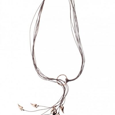 Chic Multi Strand Taupe Leather Necklace with Rose Gold Heart Charms