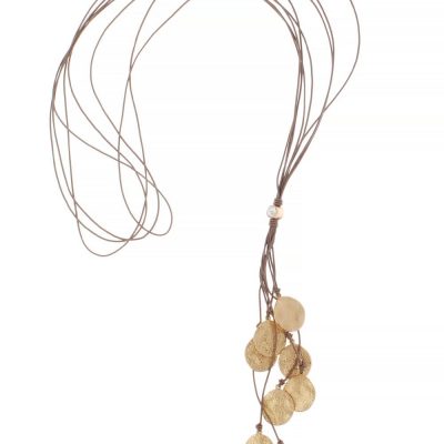 Chic Taupe Leather Multi Row Necklace with Matte Gold Hammered Disc