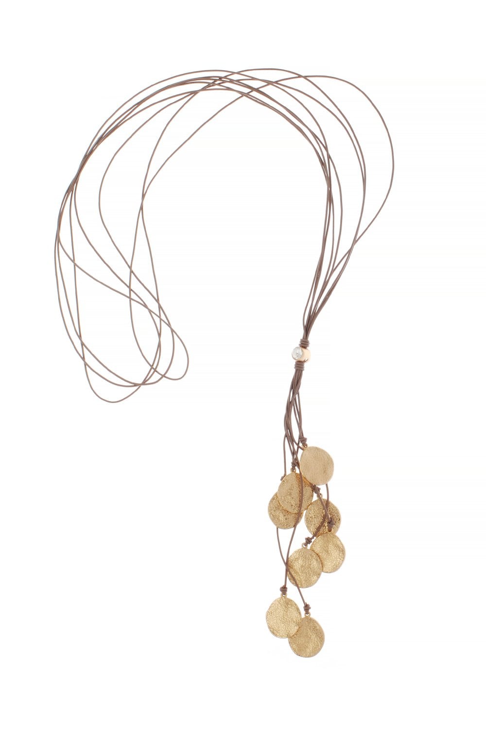 Chic Taupe Leather Multi Row Necklace with Matte Gold Hammered Disc