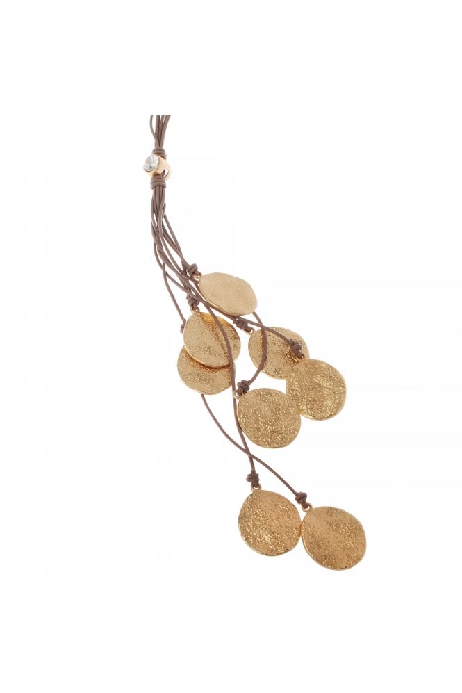 Chic Taupe Leather Multi Row Necklace with Matte Gold Hammered Disc - Image 3
