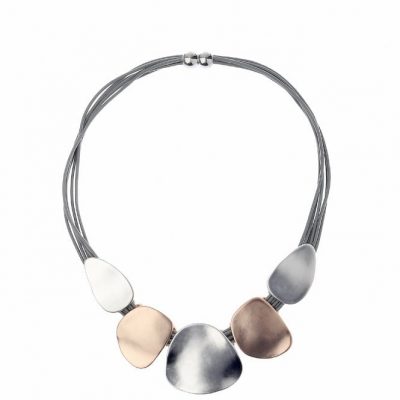 Chic Urban Grey Leather Multi Strand Necklace with Dual Tone Oval Pendant
