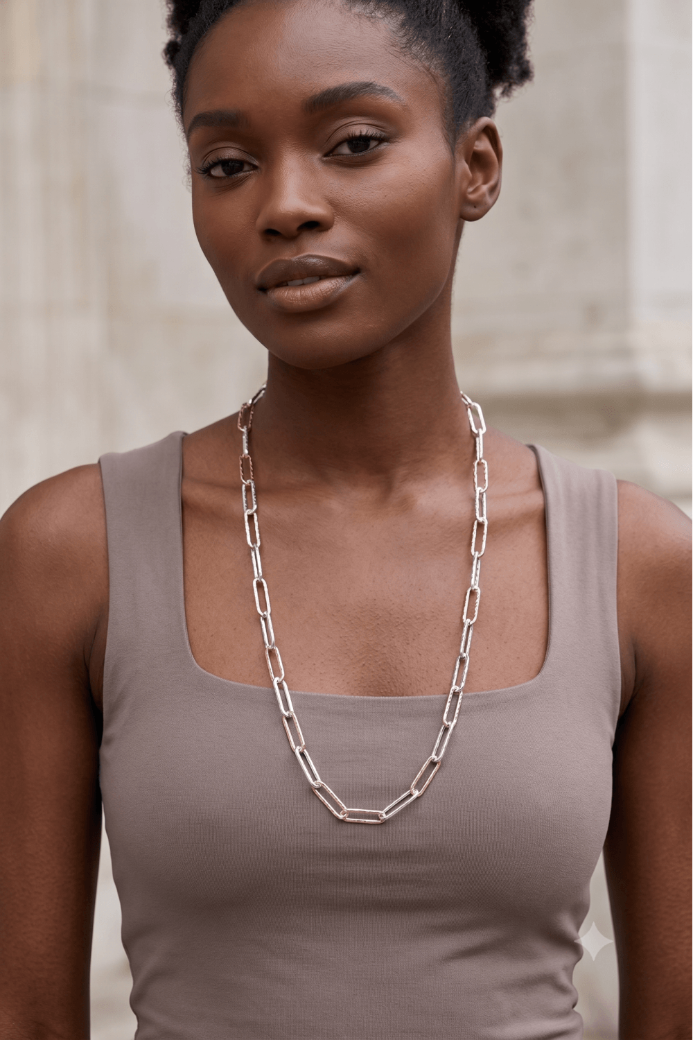 Luxe Fusion Radiance 2 Tone Hammered Paperclip Link Chain Necklace - Image 2