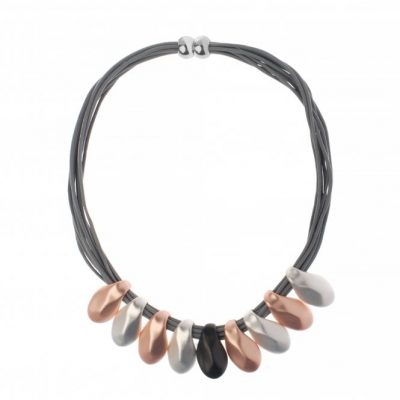 Trendy Multi Strand Grey Leather Necklace with Asymmetrical Tear Drops