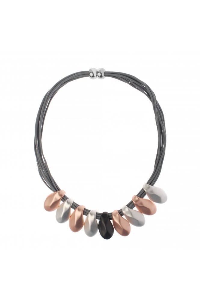 Trendy Multi Strand Grey Leather Necklace with Asymmetrical Tear Drops