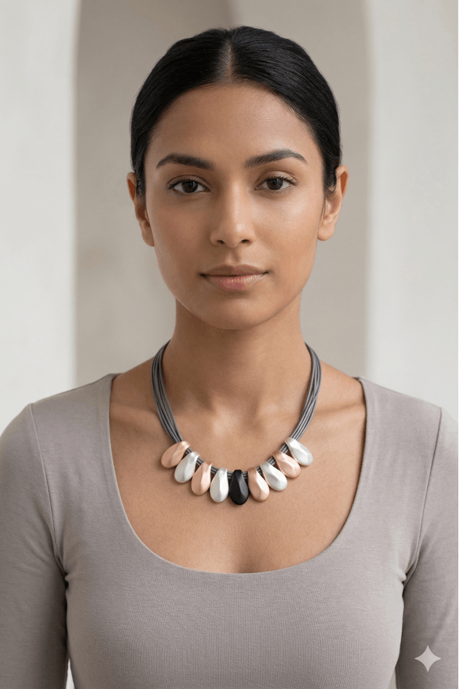 Trendy Multi Strand Grey Leather Necklace with Asymmetrical Tear Drops - Image 2