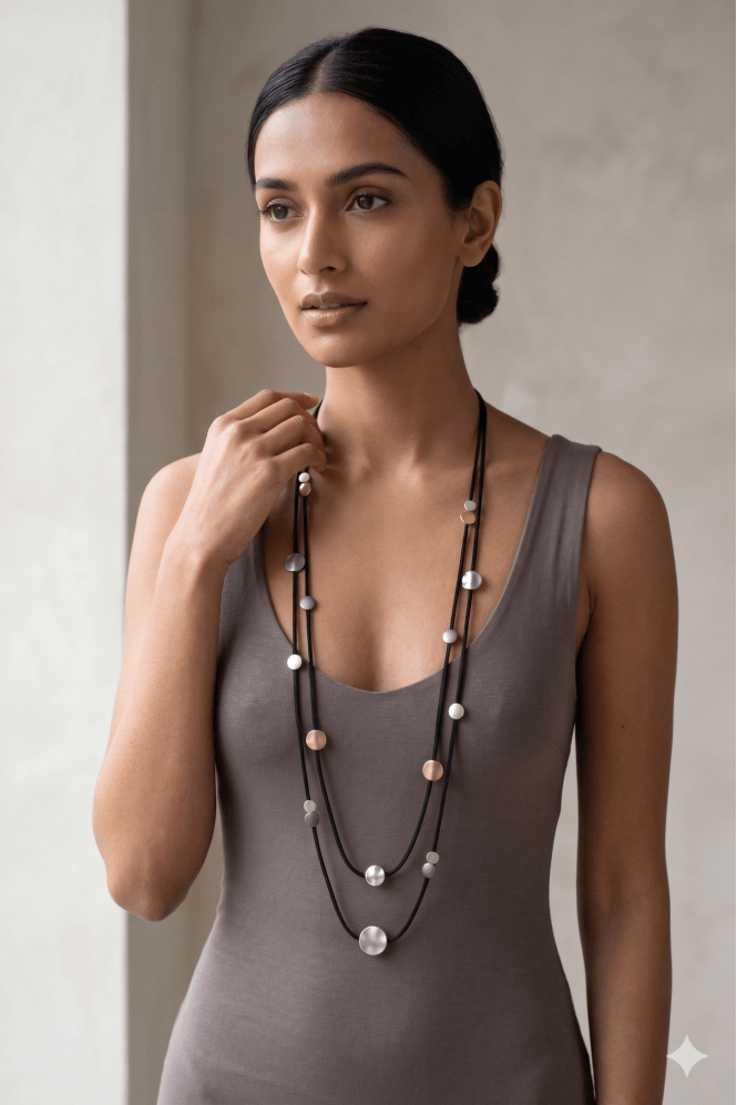 Urban Edge Dual Strand Cord Necklace with Hammered Disc - Image 2