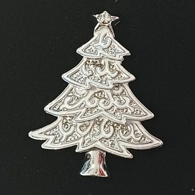 Silver tone and white enamel Christmas Tree Brooch