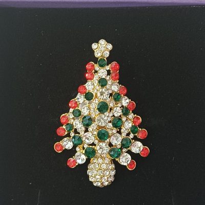 Green and Red Crystal Christmas Tree Brooch