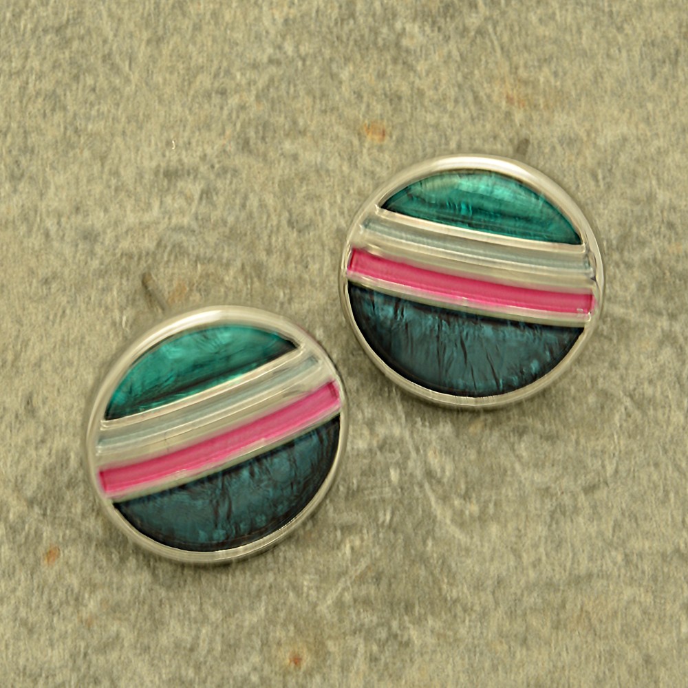 Green and Pink Saturn Stud Earrings - Image 2