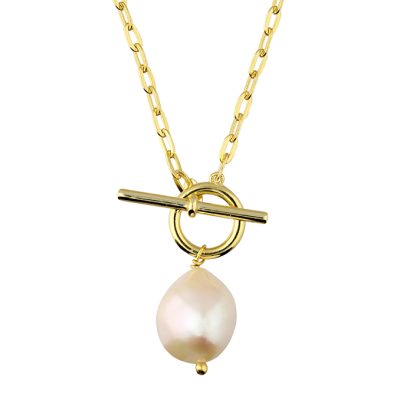 Gold Tone T Bar Pearl Drop Necklace
