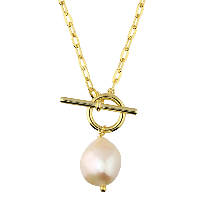 Gold Tone T Bar Pearl Drop Necklace