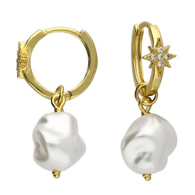Golden Huggie earrings with CZ star and Pearl Drop