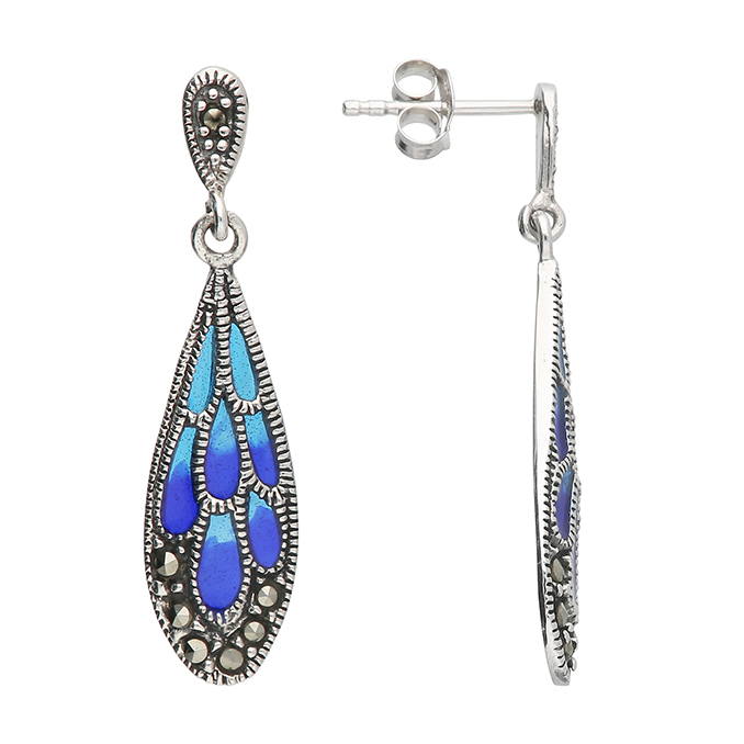 Silver & Marcasite Blue Drop Earrings