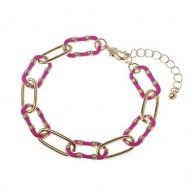 Gold Tone and Pink Enamel Paperclip link Bracelet