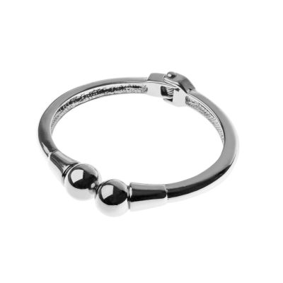 Hinged Orb End Bangle in Silver Tone
