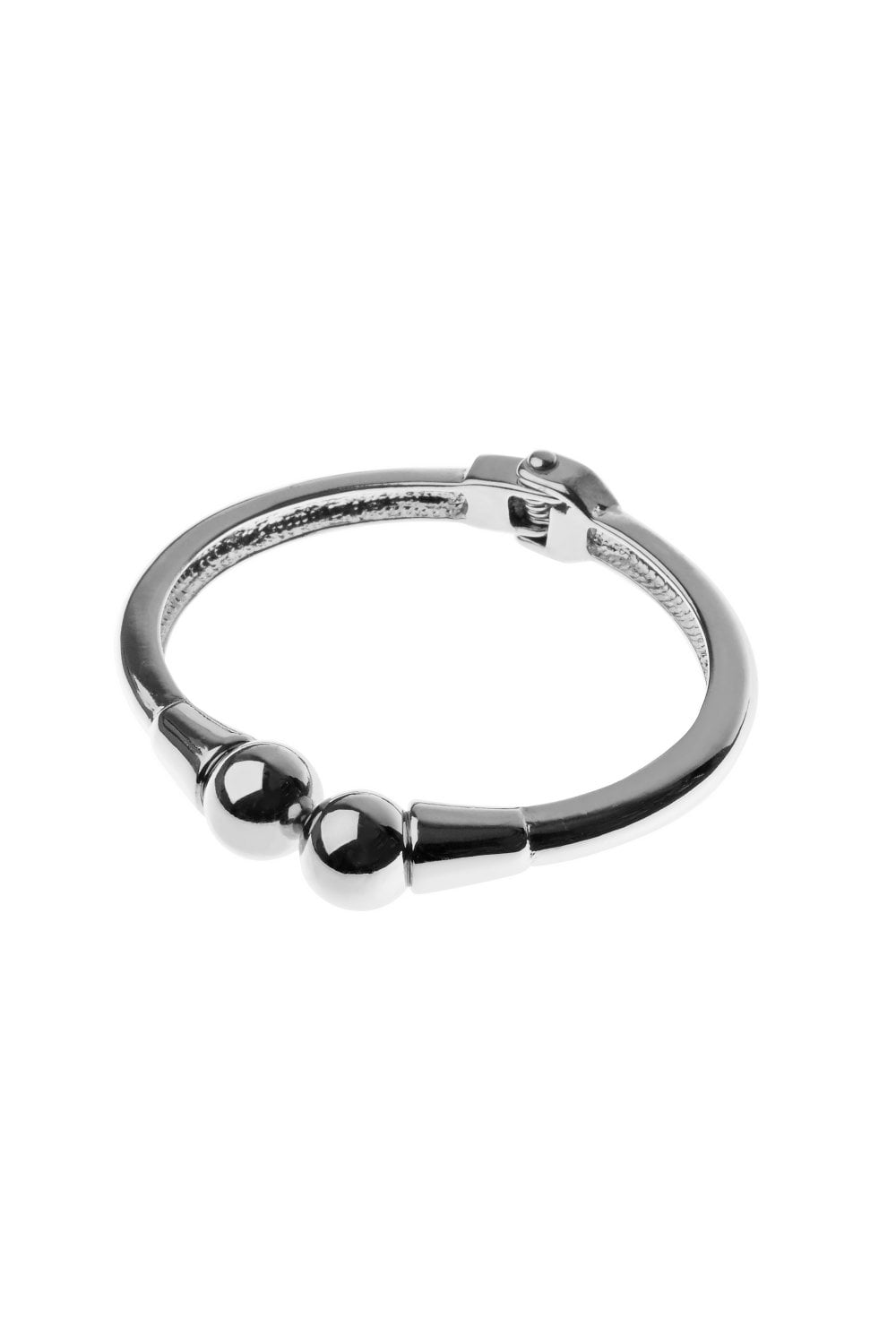 Hinged Orb End Bangle in Silver Tone