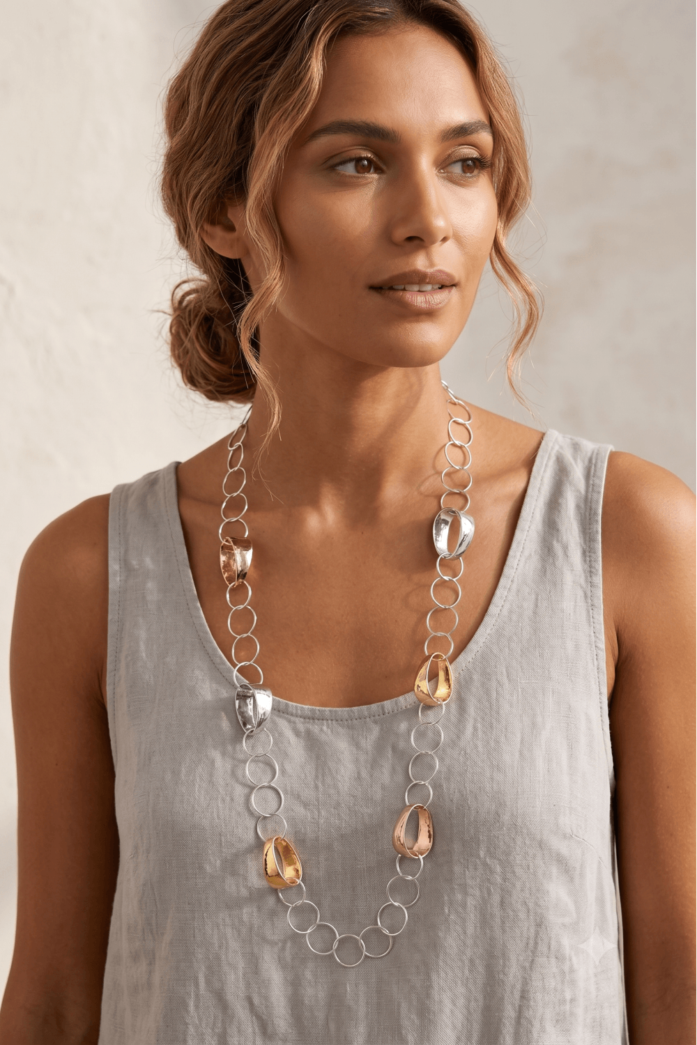 Urban Tricolour Chic Extended Ring Link Necklace - Image 2