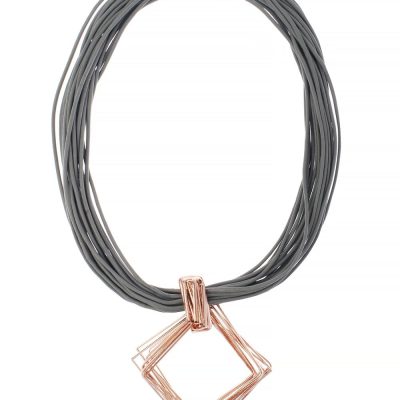 Urban Luxe Multi Row Grey Leather Necklace with Diamond Shape Pendant