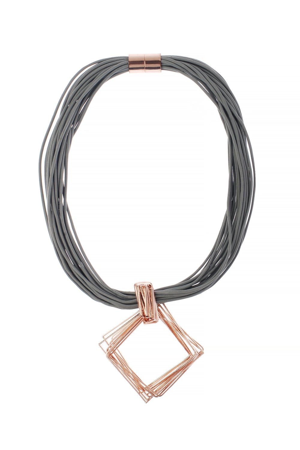 Urban Luxe Multi Row Grey Leather Necklace with Diamond Shape Pendant