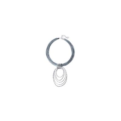 Urban Luxe Multi Strand Silver Tone Leather Necklace with Graduated Oval Rings