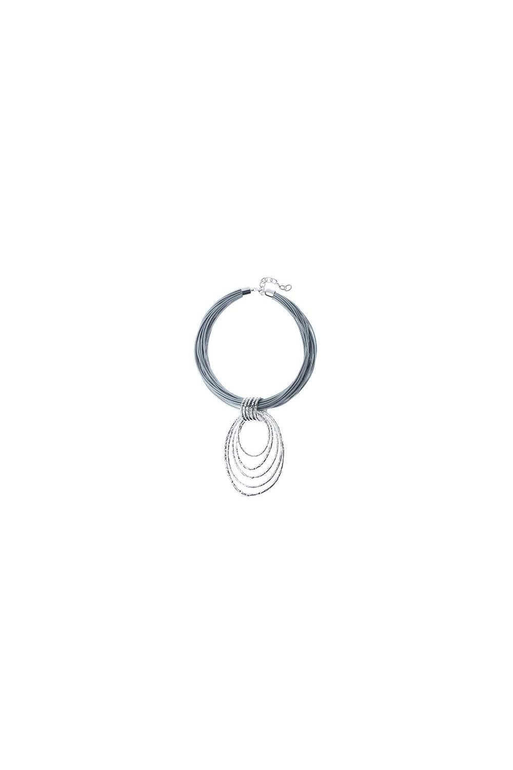 Urban Luxe Multi Strand Silver Tone Leather Necklace with Graduated Oval Rings