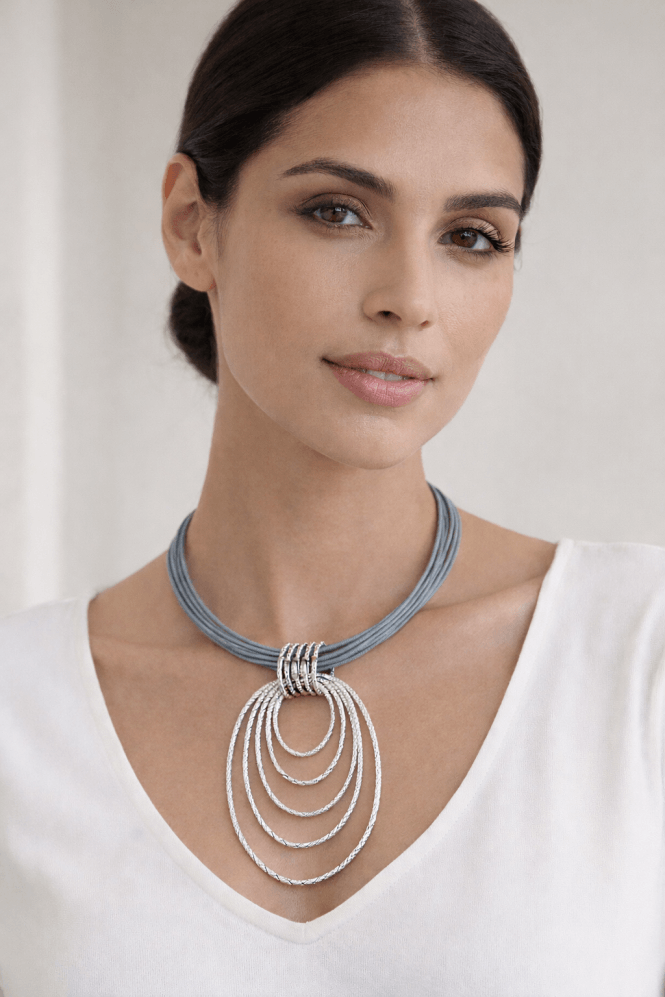 Urban Luxe Multi Strand Silver Tone Leather Necklace with Graduated Oval Rings - Image 2