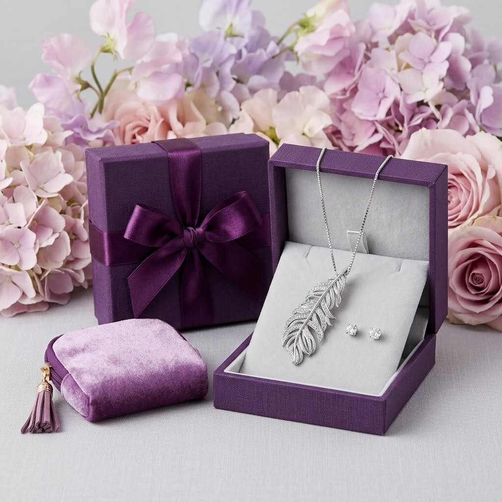 Silver 54 purple gift box with a feather pendant and stud earrings, beside a velvet pouch